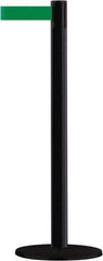 Tensator - 38" High, 2-1/2" Pole Diam, Barricade Tape Dispenser - 14" Base Diam, Round Stainless Steel Base, Black Steel Post, 13' x 1-7/8" Tape, Single Line Tape, For Outdoor Use - USA Tool & Supply