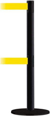 Tensator - 38" High, 2-1/2" Pole Diam, Barricade Tape Dispenser - 14" Base Diam, Round Plastic Base, Black Steel Post, 7-1/2' x 1-7/8" Tape, Dual Line Tape, For Outdoor Use - USA Tool & Supply