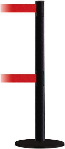 Tensator - 38" High, 2-1/2" Pole Diam, Barricade Tape Dispenser - 14" Base Diam, Round Plastic Base, Black Steel Post, 7-1/2' x 1-7/8" Tape, Dual Line Tape, For Outdoor Use - USA Tool & Supply