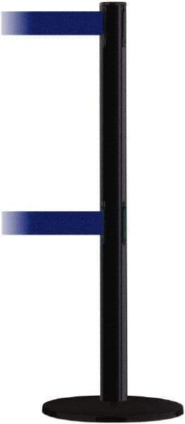 Tensator - 38" High, 2-1/2" Pole Diam, Barricade Tape Dispenser - 14" Base Diam, Round Plastic Base, Black Steel Post, 13' x 1-7/8" Tape, Dual Line Tape, For Outdoor Use - USA Tool & Supply