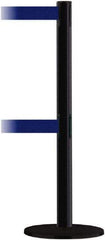 Tensator - 38" High, 2-1/2" Pole Diam, Barricade Tape Dispenser - 14" Base Diam, Round Plastic Base, Black Steel Post, 13' x 1-7/8" Tape, Dual Line Tape, For Outdoor Use - USA Tool & Supply
