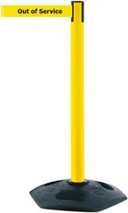 Tensator - 38" High, 2-1/2" Pole Diam, Barricade Tape Dispenser - 14" Base Diam, Round Rubber Base, Yellow Polymer Post, 7-1/2' x 1-7/8" Tape, Single Line Tape, For Outdoor Use - USA Tool & Supply