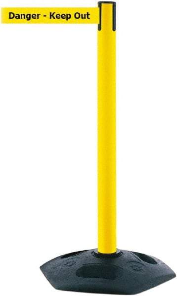 Tensator - 38" High, 2-1/2" Pole Diam, Barricade Tape Dispenser - 14" Base Diam, Round Rubber Base, Yellow Polymer Post, 7-1/2' x 1-7/8" Tape, Single Line Tape, For Outdoor Use - USA Tool & Supply