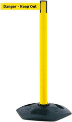 Tensator - 38" High, 2-1/2" Pole Diam, Barricade Tape Dispenser - 14" Base Diam, Round Rubber Base, Yellow Polymer Post, 7-1/2' x 1-7/8" Tape, Single Line Tape, For Outdoor Use - USA Tool & Supply