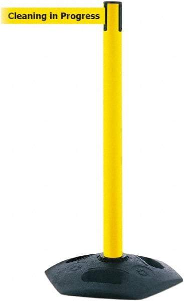 Tensator - 38" High, 2-1/2" Pole Diam, Barricade Tape Dispenser - 14" Base Diam, Round Rubber Base, Yellow Polymer Post, 7-1/2' x 1-7/8" Tape, Single Line Tape, For Outdoor Use - USA Tool & Supply