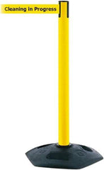 Tensator - 38" High, 2-1/2" Pole Diam, Barricade Tape Dispenser - 14" Base Diam, Round Rubber Base, Yellow Polymer Post, 7-1/2' x 1-7/8" Tape, Single Line Tape, For Outdoor Use - USA Tool & Supply