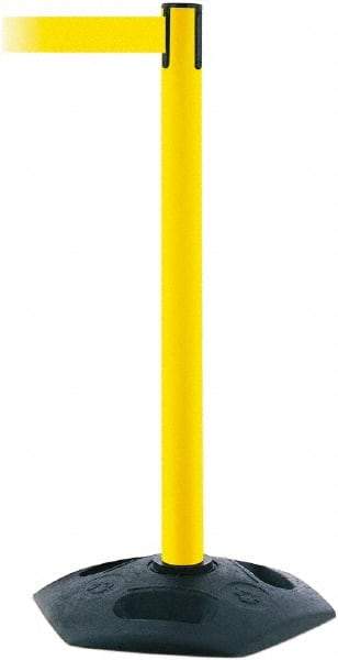 Tensator - 38" High, 2-1/2" Pole Diam, Barricade Tape Dispenser - 14" Base Diam, Round Rubber Base, Yellow Polymer Post, 7-1/2' x 1-7/8" Tape, Single Line Tape, For Outdoor Use - USA Tool & Supply