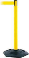 Tensator - 38" High, 2-1/2" Pole Diam, Barricade Tape Dispenser - 14" Base Diam, Round Rubber Base, Yellow Polymer Post, 7-1/2' x 1-7/8" Tape, Single Line Tape, For Outdoor Use - USA Tool & Supply
