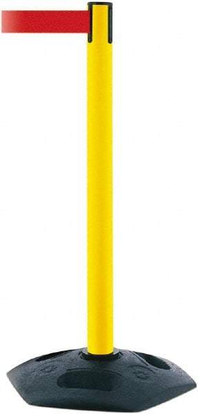 Tensator - 38" High, 2-1/2" Pole Diam, Barricade Tape Dispenser - 14" Base Diam, Round Rubber Base, Yellow Polymer Post, 7-1/2' x 1-7/8" Tape, Single Line Tape, For Outdoor Use - USA Tool & Supply