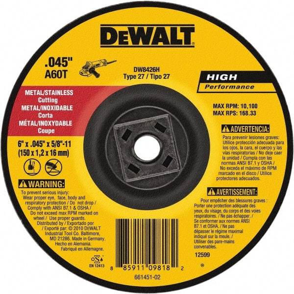 DeWALT - 60 Grit, 6" Wheel Diam, Type 27 Depressed Center Wheel - Aluminum Oxide, Resinoid Bond, 10,100 Max RPM - USA Tool & Supply