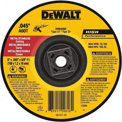 DeWALT - 60 Grit, 6" Wheel Diam, Type 27 Depressed Center Wheel - Aluminum Oxide, Resinoid Bond, 10,100 Max RPM - USA Tool & Supply