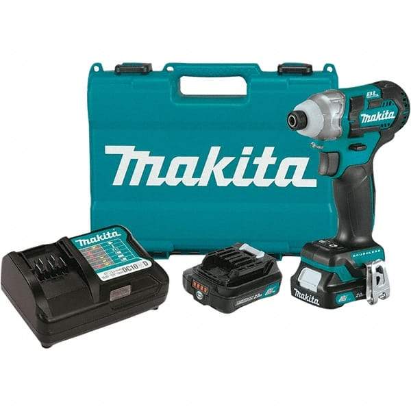 Makita - 12 Volt, 1/4" Drive, 100 Ft/Lb Torque, Cordless Impact Driver - Pistol Grip Handle, 3000 RPM, 2 Lithium-Ion Batteries Included - USA Tool & Supply