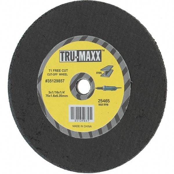 Tru-Maxx - 3" 36 Grit Aluminum Oxide Cutoff Wheel - 1/16" Thick, 1/4" Arbor, Use with Die Grinders - USA Tool & Supply