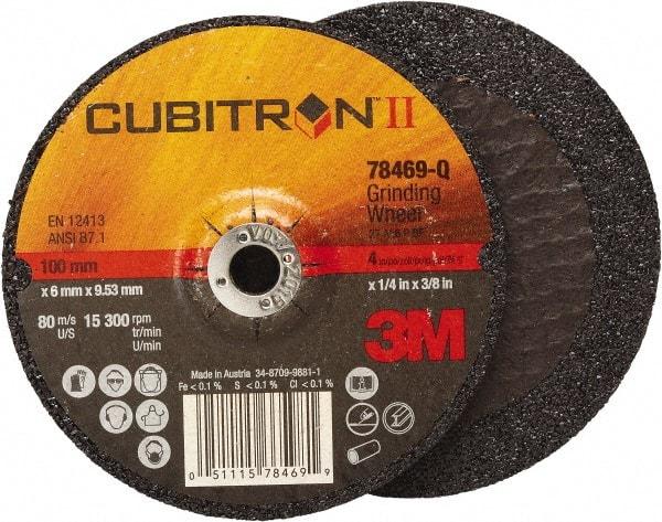 3M - 36 Grit, 4" Wheel Diam, 1/4" Wheel Thickness, 3/8" Arbor Hole, Type 27 Depressed Center Wheel - Coarse Grade, Ceramic, Resinoid Bond, Q Hardness, 15,000 Max RPM, Compatible with Angle Grinder - USA Tool & Supply