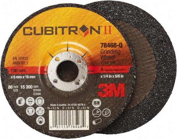 3M - 36 Grit, 4" Wheel Diam, 1/4" Wheel Thickness, 5/8" Arbor Hole, Type 27 Depressed Center Wheel - Coarse Grade, Ceramic, Resinoid Bond, Q Hardness, 15,000 Max RPM, Compatible with Angle Grinder - USA Tool & Supply