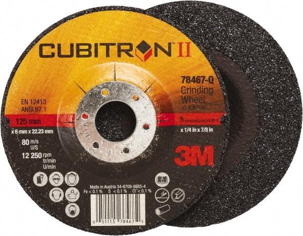3M - 36 Grit, 5" Wheel Diam, 1/4" Wheel Thickness, 7/8" Arbor Hole, Type 27 Depressed Center Wheel - Coarse Grade, Ceramic, Resinoid Bond, Q Hardness, 12,250 Max RPM, Compatible with Angle Grinder - USA Tool & Supply