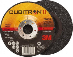 3M - 36 Grit, 5" Wheel Diam, 1/4" Wheel Thickness, 7/8" Arbor Hole, Type 27 Depressed Center Wheel - Coarse Grade, Ceramic, Resinoid Bond, Q Hardness, 12,250 Max RPM, Compatible with Angle Grinder - USA Tool & Supply