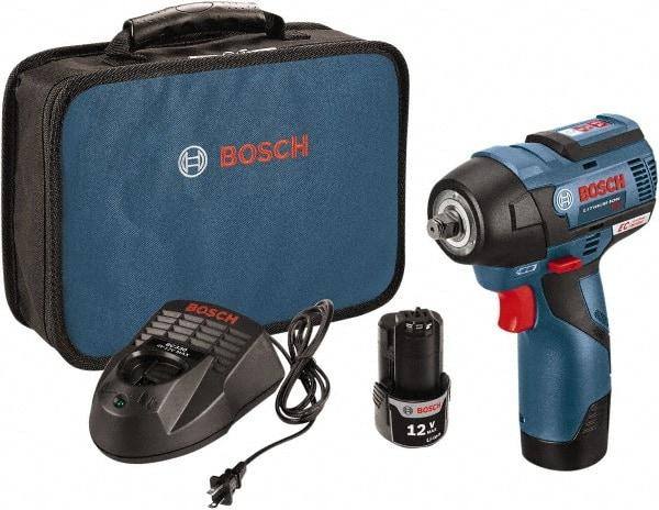 Bosch - 3/8" Drive 12 Volt Pistol Grip Cordless Impact Wrench & Ratchet - 1,200/2,600 RPM, 0 to 3,100 BPM, 85 Ft/Lb Torque, 2 Lithium-Ion Batteries Included - USA Tool & Supply