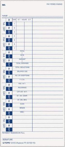 TOPS - 9" High x 4" Wide Weekly Time Cards - White, Use with Pyramid 35100-10 - USA Tool & Supply