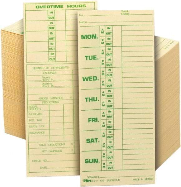 TOPS - 8-1/2" High x 3-1/2" Wide Weekly Time Cards - Manila, Use with Pyramid 331-10 - USA Tool & Supply