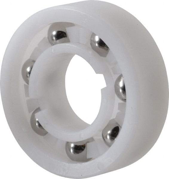 Made in USA - 5/8" Bore Diam, 1-3/8" OD, Open Plastic Race Radial Ball Bearing - 7/16" Wide, 1 Row, Round Bore, 46 Lb Static Capacity, 69 Lb Dynamic Capacity - USA Tool & Supply