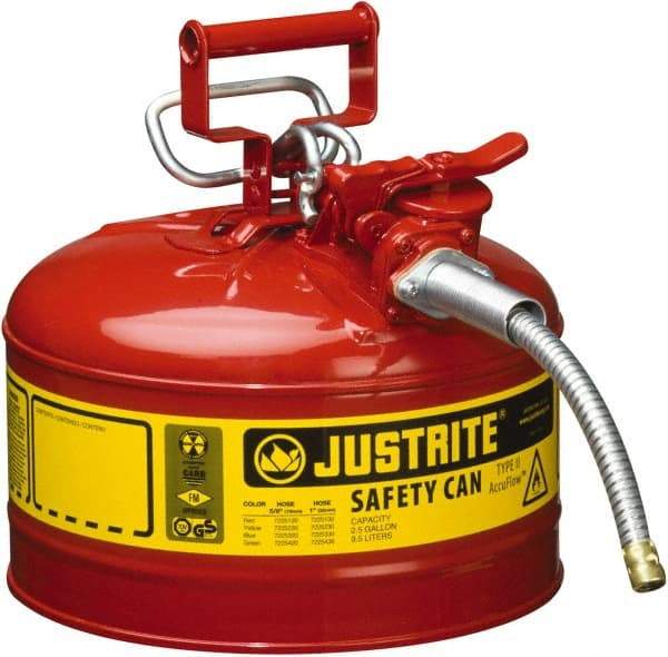 Justrite - 2.5 Gal Galvanized Steel Type II Safety Can - 12" High x 11-3/4" Diam, Red with Yellow - USA Tool & Supply