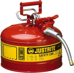 Justrite - 2 Gal Galvanized Steel Type II Safety Can - 13-1/4" High x 9-1/2" Diam, Red with Yellow - USA Tool & Supply