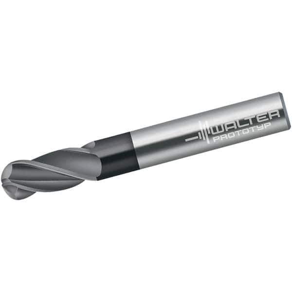 Walter-Prototyp - 6mm Diam, 13mm LOC, 4 Flute Solid Carbide Ball End Mill - TiAlN Finish, Single End, 80mm OAL, 6mm Shank Diam, Spiral Flute - USA Tool & Supply