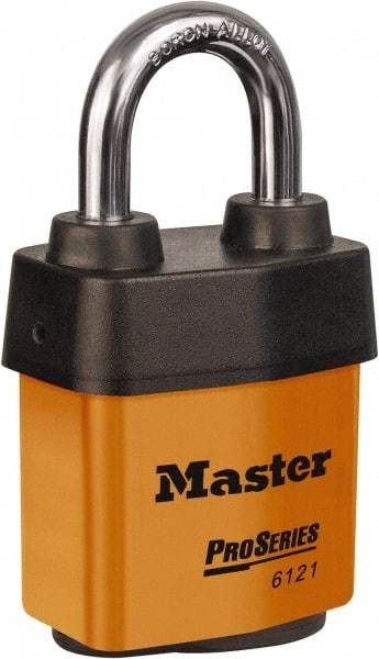 Master Lock - 1-1/8" Shackle Clearance, Keyed Different Padlock - 5/16" Shackle Diam, Laminated Steel - USA Tool & Supply