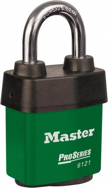 Master Lock - 1-1/8" Shackle Clearance, Keyed Different Padlock - 5/16" Shackle Diam, Laminated Steel - USA Tool & Supply