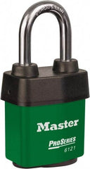 Master Lock - 1-1/2" Shackle Clearance, Keyed Different Padlock - 5/16" Shackle Diam, Laminated Steel - USA Tool & Supply