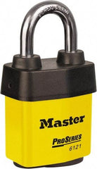 Master Lock - 1-1/8" Shackle Clearance, Keyed Different Padlock - 5/16" Shackle Diam, Laminated Steel - USA Tool & Supply