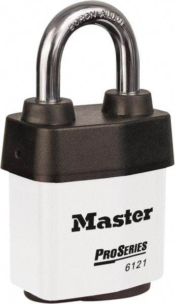 Master Lock - 1-1/8" Shackle Clearance, Keyed Different Padlock - 5/16" Shackle Diam, Laminated Steel - USA Tool & Supply