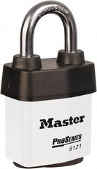 Master Lock - 1-1/8" Shackle Clearance, Keyed Different Padlock - 5/16" Shackle Diam, Laminated Steel - USA Tool & Supply