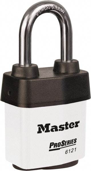 Master Lock - 1-1/2" Shackle Clearance, Keyed Different Padlock - 5/16" Shackle Diam, Laminated Steel - USA Tool & Supply