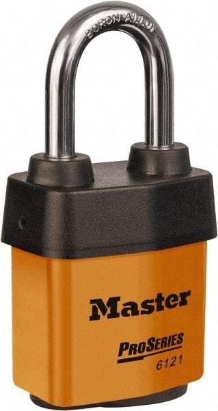 Master Lock - 1-1/2" Shackle Clearance, Keyed Different Padlock - 5/16" Shackle Diam, Laminated Steel - USA Tool & Supply