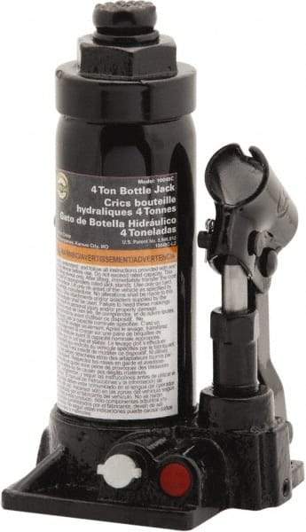 Omega Lift Equipment - 4 Ton Capacity Hydraulic Bottle Jack - 8-1/8" to 15-1/2" High, 7-3/8" Piston Stroke, 2" Screw Length, 3-7/8" Long x 4-1/4" Wide Base - USA Tool & Supply