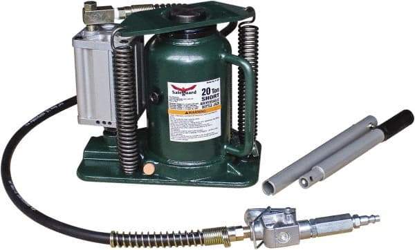 Safeguard - 20 Ton Capacity Air-Actuated Bottle Jack - 8-1/4" to 15-1/2" High, 4.92" Piston Stroke, 3-1/4" Screw Length, 1.42" Screw Diam, 2.2" Plunger Diam, 7" Long x 9-1/2" Wide Base - USA Tool & Supply