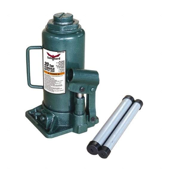 Safeguard - 20 Ton Capacity Hydraulic Bottle Jack - 9-1/2" to 17-3/4" High, 5.91" Piston Stroke, 1-7/8" Screw Length, 1.42" Screw Diam, 2.09" Plunger Diam, 5-15/16" Long x 6-1/4" Wide Base - USA Tool & Supply