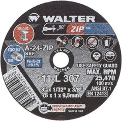 WALTER Surface Technologies - 3" 24 Grit Aluminum Oxide Cutoff Wheel - 1/32" Thick, 3/8" Arbor, 25,470 Max RPM, Use with Die Grinders - USA Tool & Supply