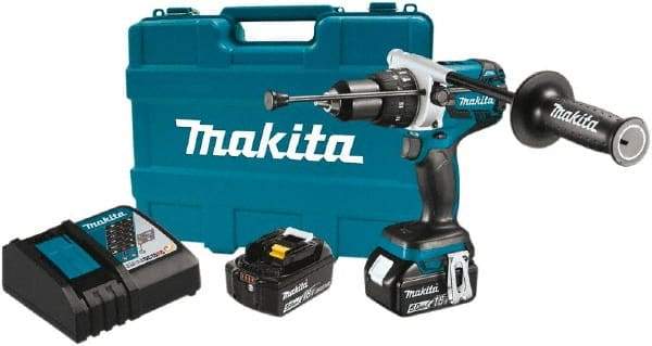 Makita - 18 Volt 1/2" Chuck Pistol Grip Handle Cordless Drill - 0-2100 RPM, Reversible, 2 Lithium-Ion Batteries Included - USA Tool & Supply