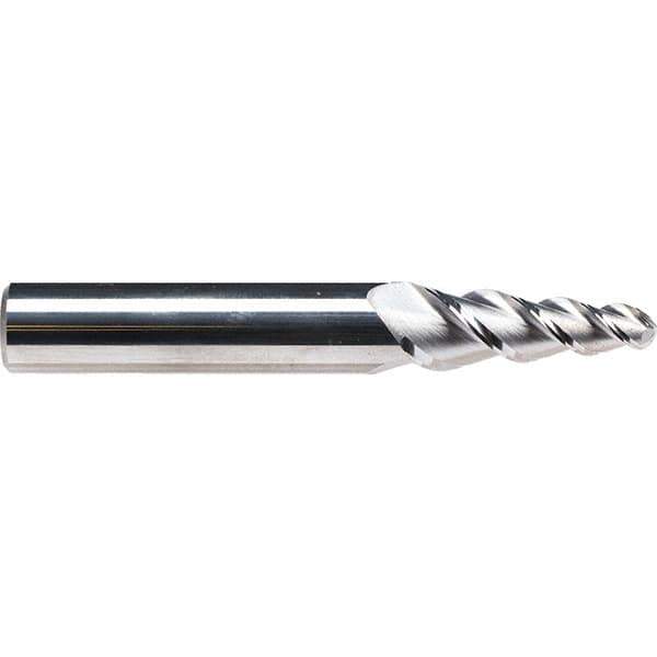 Emuge - 6° Taper Angle per Side, 5.33mm Small End Diam, 25mm LOC, Solid Carbide 3 Flute Tapered Ball End Mill - 68mm OAL, 8mm Shank Diam, Spiral Flute, 45° Helix - USA Tool & Supply