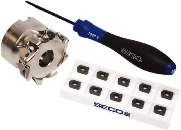 Seco - CVD Finish Micrograin Grade Carbide High Feed Milling Tip Insert Holder Kit - 2" Cut Diam, 2" Shank Diam, 1" OAL, 2" Cut Width, 0.035" Depth of Cut, 8 Flutes, Tool Steel Toolholder, Through Coolant, Series Master Mill - USA Tool & Supply