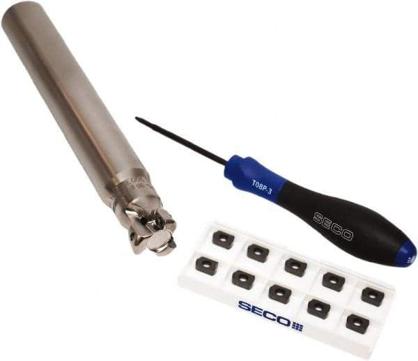 Seco - CVD Finish Micrograin Grade Carbide High Feed Milling Tip Insert Holder Kit - 1" Cut Diam, 1" Shank Diam, 7" OAL, 1" Cut Width, 0.035" Depth of Cut, 3 Flutes, Tool Steel Toolholder, Through Coolant, Series Master Mill - USA Tool & Supply