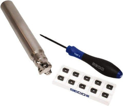 Seco - CVD Finish Micrograin Grade Carbide High Feed Milling Tip Insert Holder Kit - 1" Cut Diam, 1" Shank Diam, 7" OAL, 1" Cut Width, 0.035" Depth of Cut, 3 Flutes, Tool Steel Toolholder, Through Coolant, Series Master Mill - USA Tool & Supply
