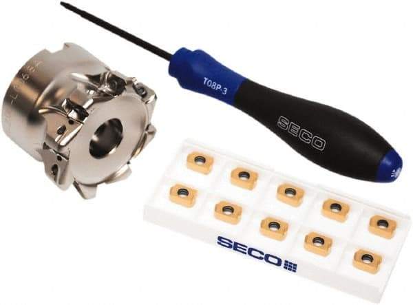 Seco - CVD Finish Micrograin Grade Carbide High Feed Milling Tip Insert Holder Kit - 2" Cut Diam, 2" Shank Diam, 1" OAL, 2" Cut Width, 0.035" Depth of Cut, 8 Flutes, Tool Steel Toolholder, Through Coolant, Series Master Mill - USA Tool & Supply