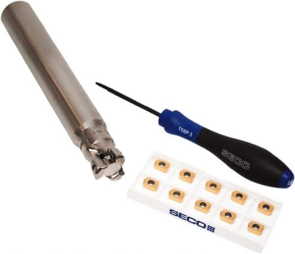 Seco - CVD Finish Micrograin Grade Carbide High Feed Milling Tip Insert Holder Kit - 1" Cut Diam, 1" Shank Diam, 7" OAL, 1" Cut Width, 0.035" Depth of Cut, 3 Flutes, Tool Steel Toolholder, Through Coolant, Series Master Mill - USA Tool & Supply