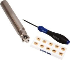 Seco - CVD Finish Micrograin Grade Carbide High Feed Milling Tip Insert Holder Kit - 1" Cut Diam, 1" Shank Diam, 7" OAL, 1" Cut Width, 0.035" Depth of Cut, 3 Flutes, Tool Steel Toolholder, Through Coolant, Series Master Mill - USA Tool & Supply