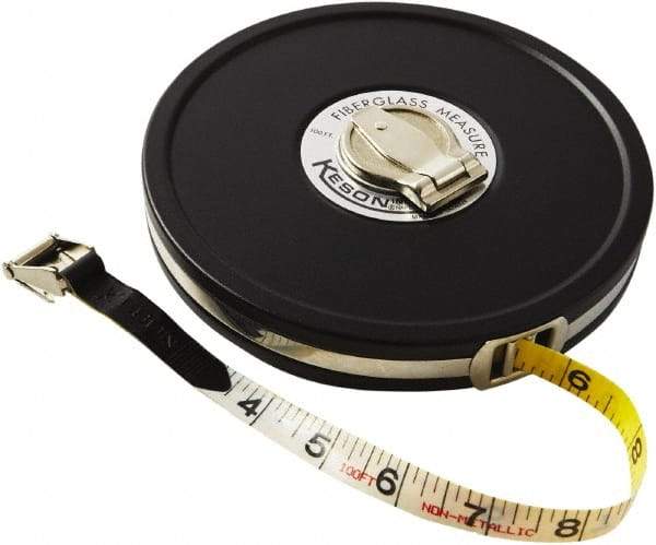 Keson - 100' x 1/2" Tape Measure - 1/8, 1/10 & 1/100" Graduation - USA Tool & Supply