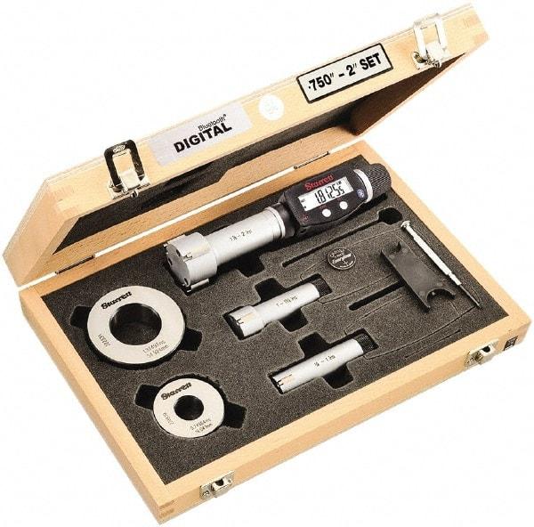 Starrett - 20 to 50mm, 80mm Gage Depth, 0.001mm Resolution, Friction Thimble, IP65 Electronic Inside Hole Micrometer Set - Accurate to 0.004mm, 1 Head, 3 Anvils, 2 Setting Rings, Data Output, Instant Inch/Millimeter Conversion - USA Tool & Supply